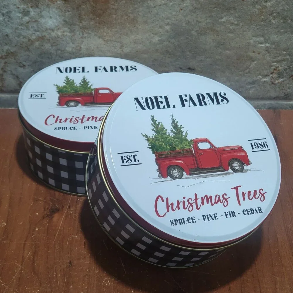 Two Noel Farms Round Christmas Cookie Candy Tins with Lids